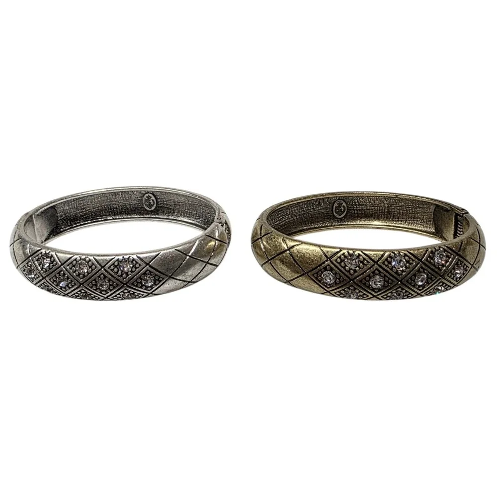 Quilted Hinged Bangle Bracelet Set of 2 Women OS Silver Gold Rhinestone